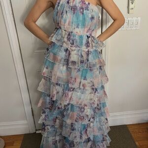 ASOS One Shoulder Floral Ruffle Dress - Blue and Pink